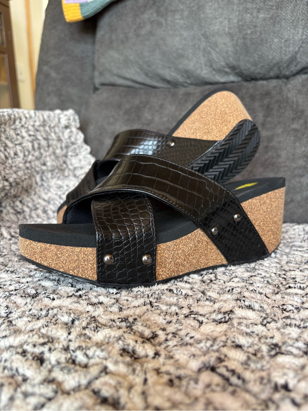 Volatile Black Croc-Texture Cork Wedge Slide Sandals